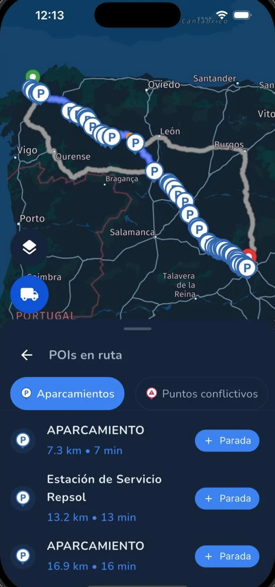 Aparcamientos a lo largo de una ruta en Breiko APP