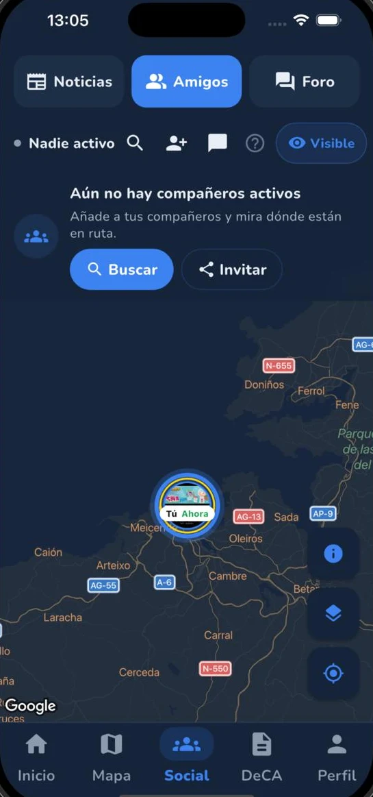 Mapa de amigos en Breiko APP para ver a tus compañeros en ruta