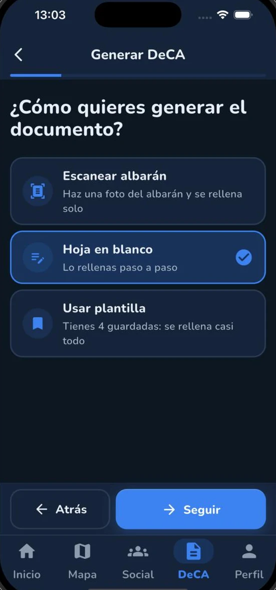 Pantalla de Breiko APP para generar el DeCA escaneando el albarán, con plantilla o paso a paso