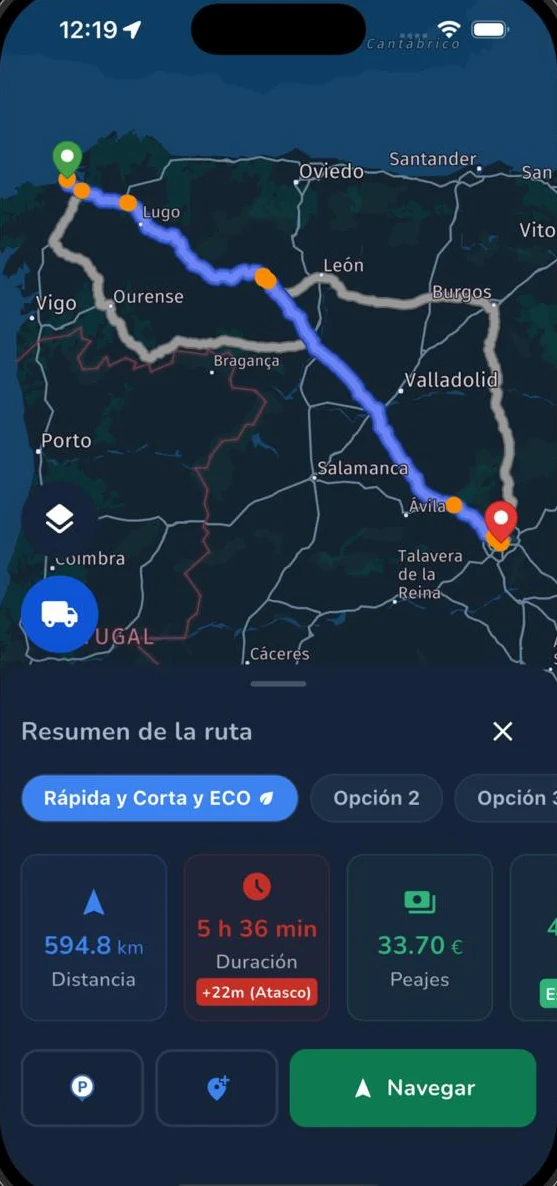 Resumen de ruta con distancia, duración y peajes
